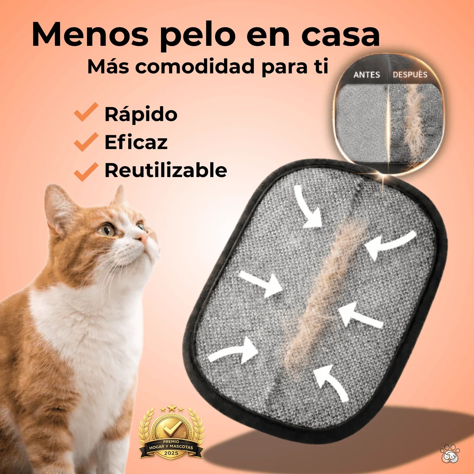 Manopla quitapelos para mascotas que ayuda a recoger pelo de gatos y mantener la casa limpia.