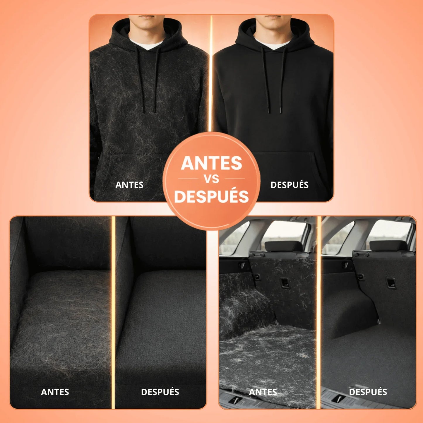 Comparación antes y después usando la manopla quitapelos en ropa, sofá y tapicería de auto.