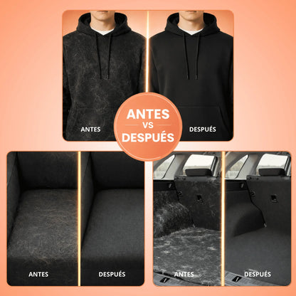 Comparación antes y después usando la manopla quitapelos en ropa, sofá y tapicería de auto.