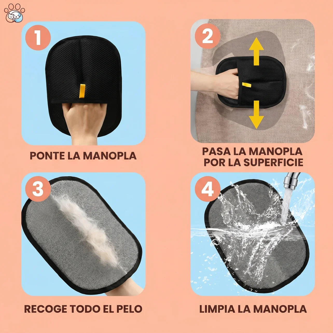 Guía visual para usar la manopla quitapelos, recoger el pelo y lavarla después de limpiar.