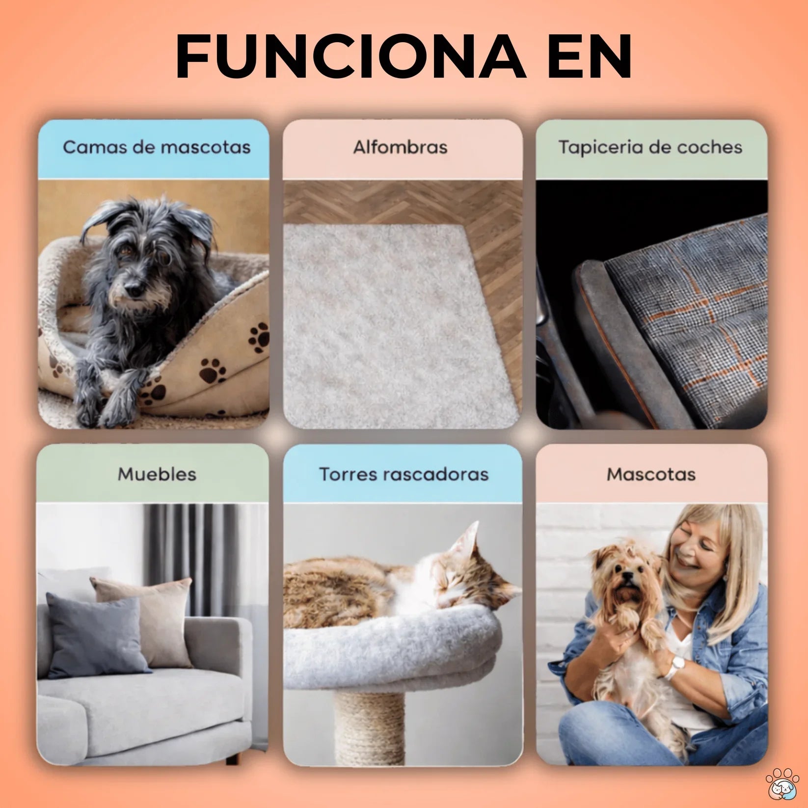 Manopla quitapelos útil en camas de mascotas, alfombras, muebles, autos y rascadores.